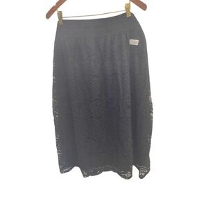 Cato Skirt Womens XL Black Floral Lace Overlay Midi Elastic‎ Waist Pull-On